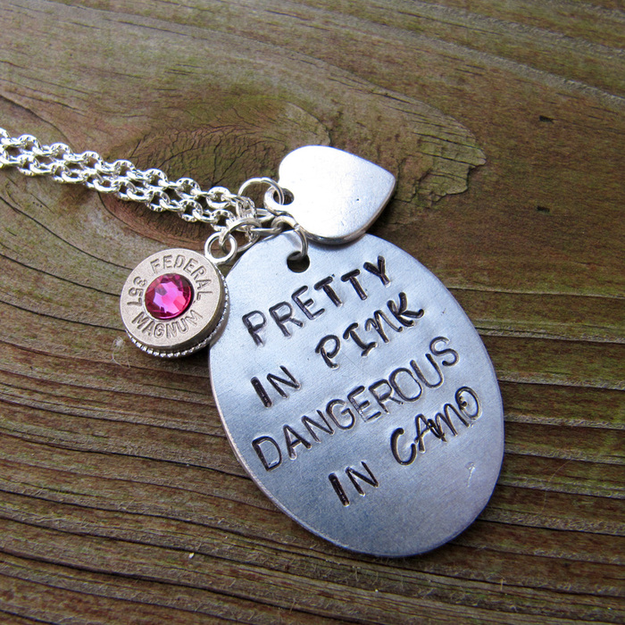 Pretty in Pink, Dangerous in Camo Hand Stamped Bullet Necklace Taste