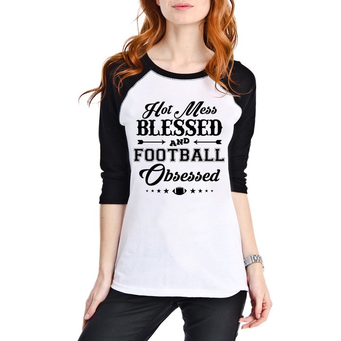 Katydid Hot Mess Blessed and Football Obsessed Baseball T-Shirt – Taste