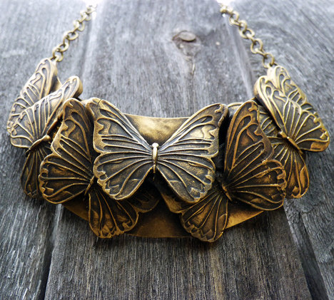 Old Gold Butterflies Bib Necklace